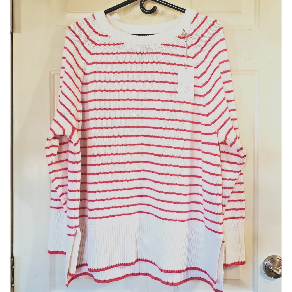 NWT Women's Cotton Knit Pullover Sweater  A New Day Coral/Cream Striped XXL